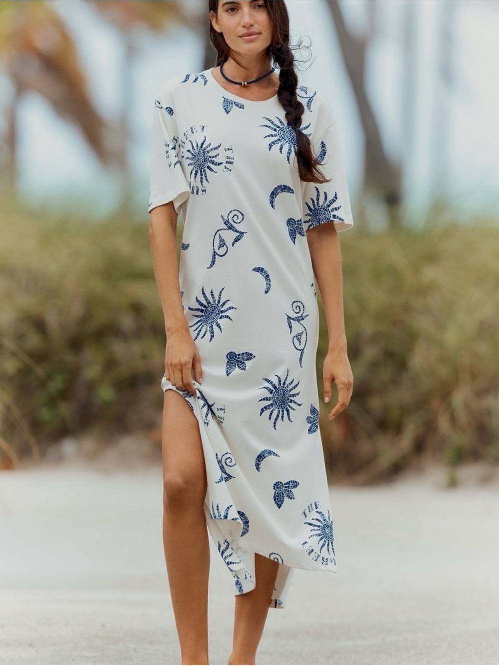 Celandine Anthropologie white Beach Dress with Blue Print